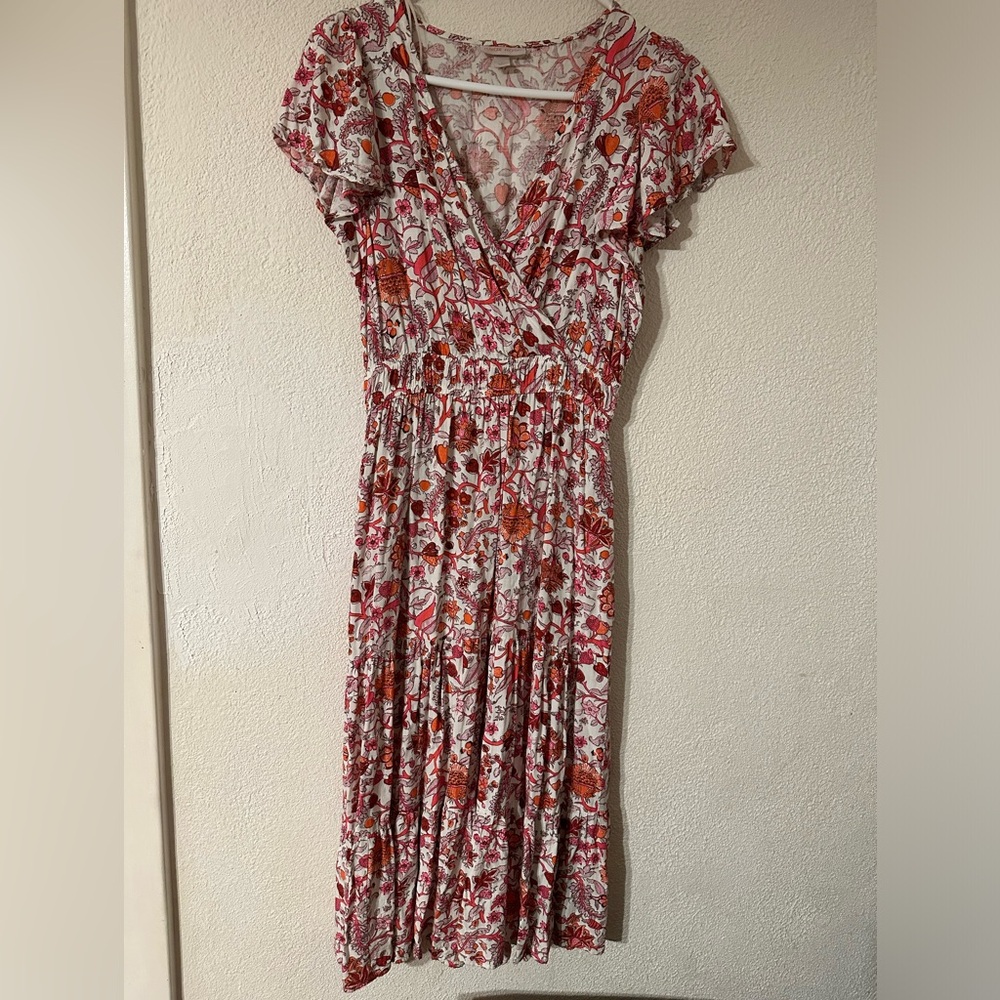 Knox Rose Dress Floral Pink/Red Rayon Tiered Smocked Waist Flutter Sleeve Midi S